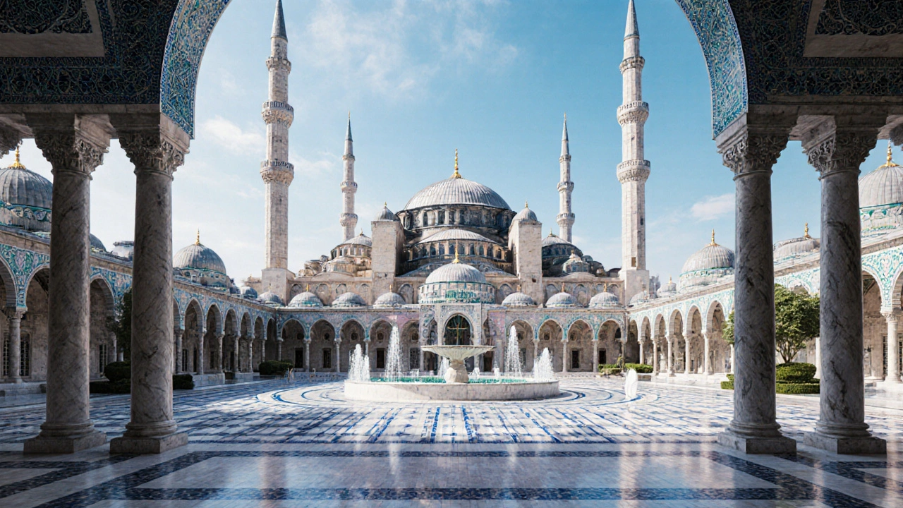 Османская мечеть с четырьмя минаретами и большим куполом в полуденную жары.