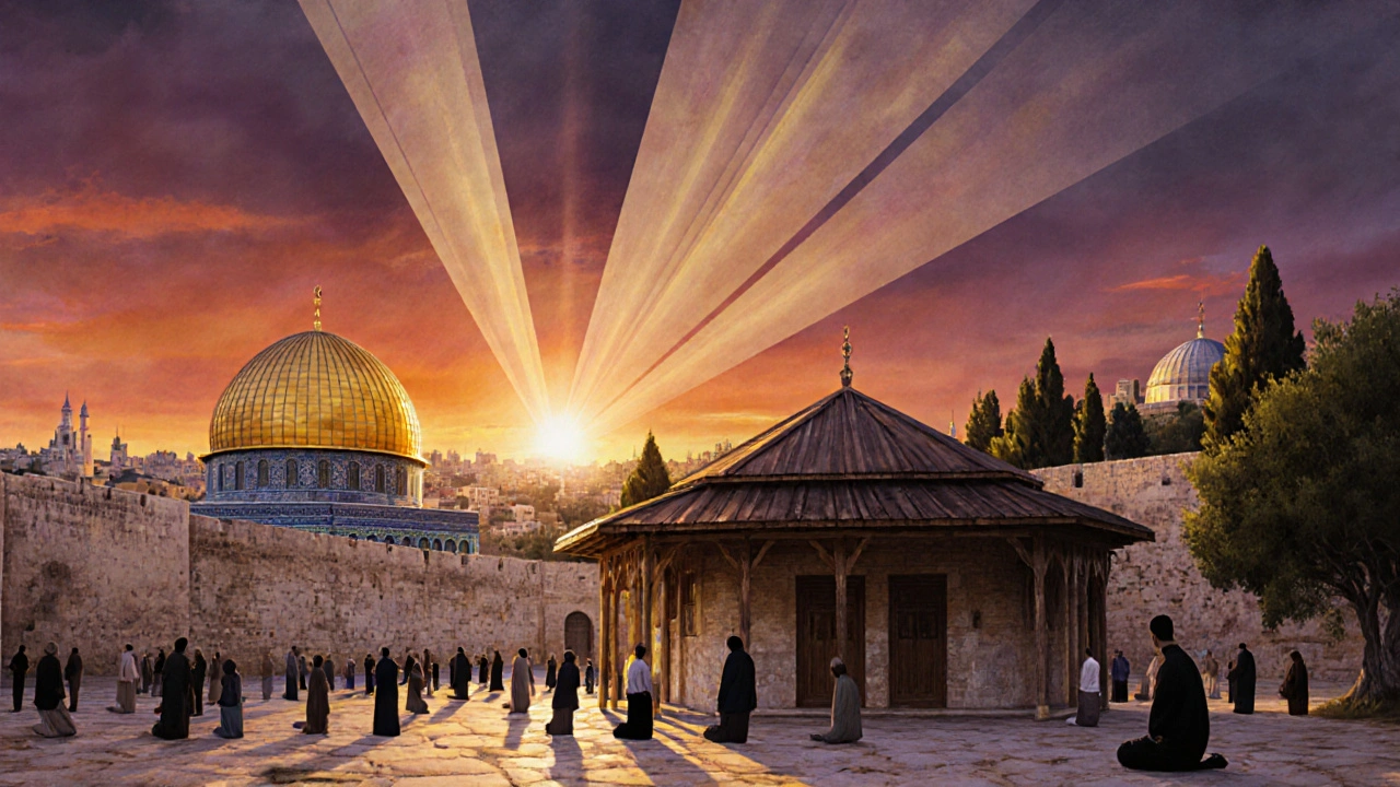 Аль-Акса в Иерусалиме на закате: золотой купол и молящиеся у древней мечети.