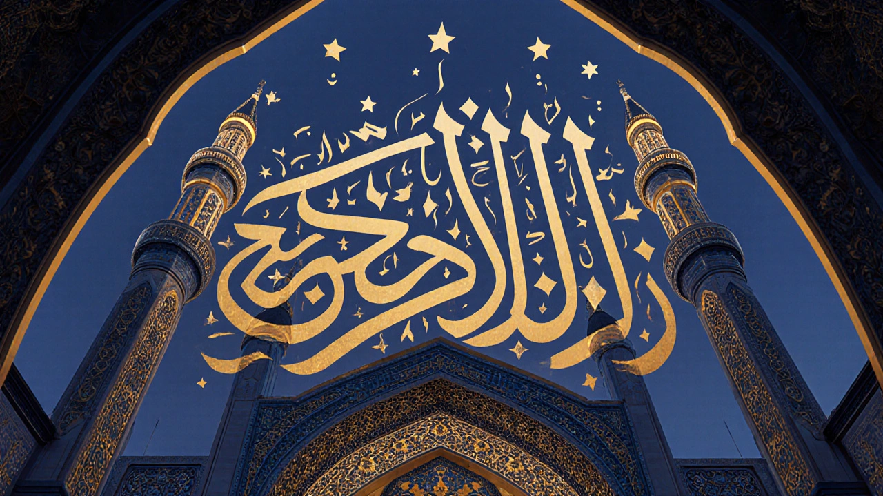 Арабская каллиграфия превращается в архитектуру мечети, где буквы становятся куполами и звёздами.