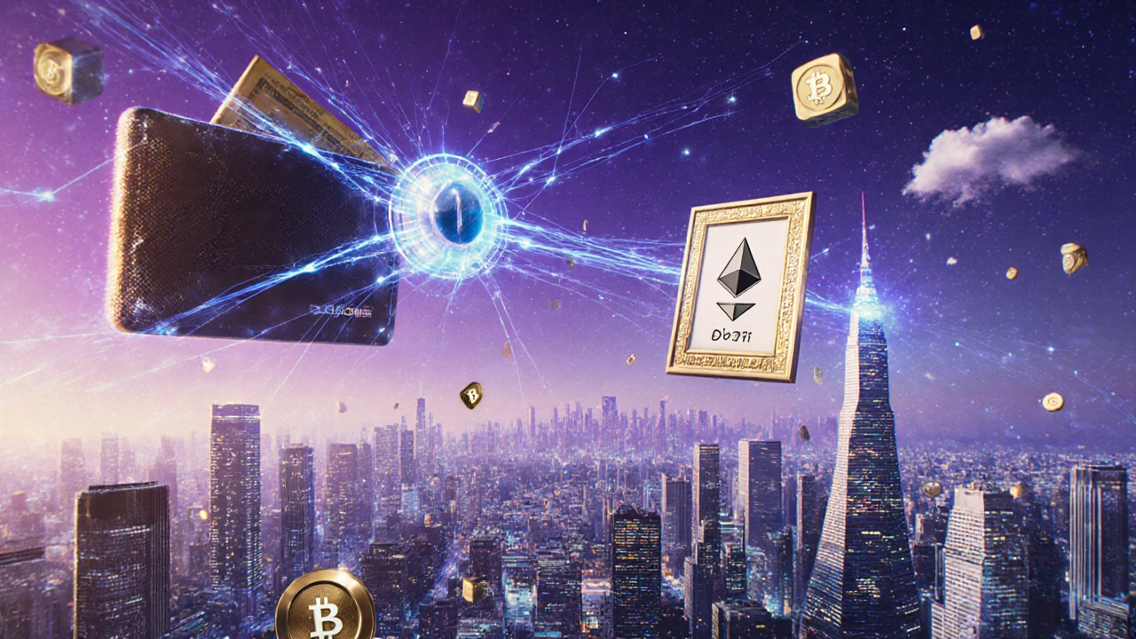 Город будущего, где смарт-контракты управляют DeFi, NFT и страхованием.