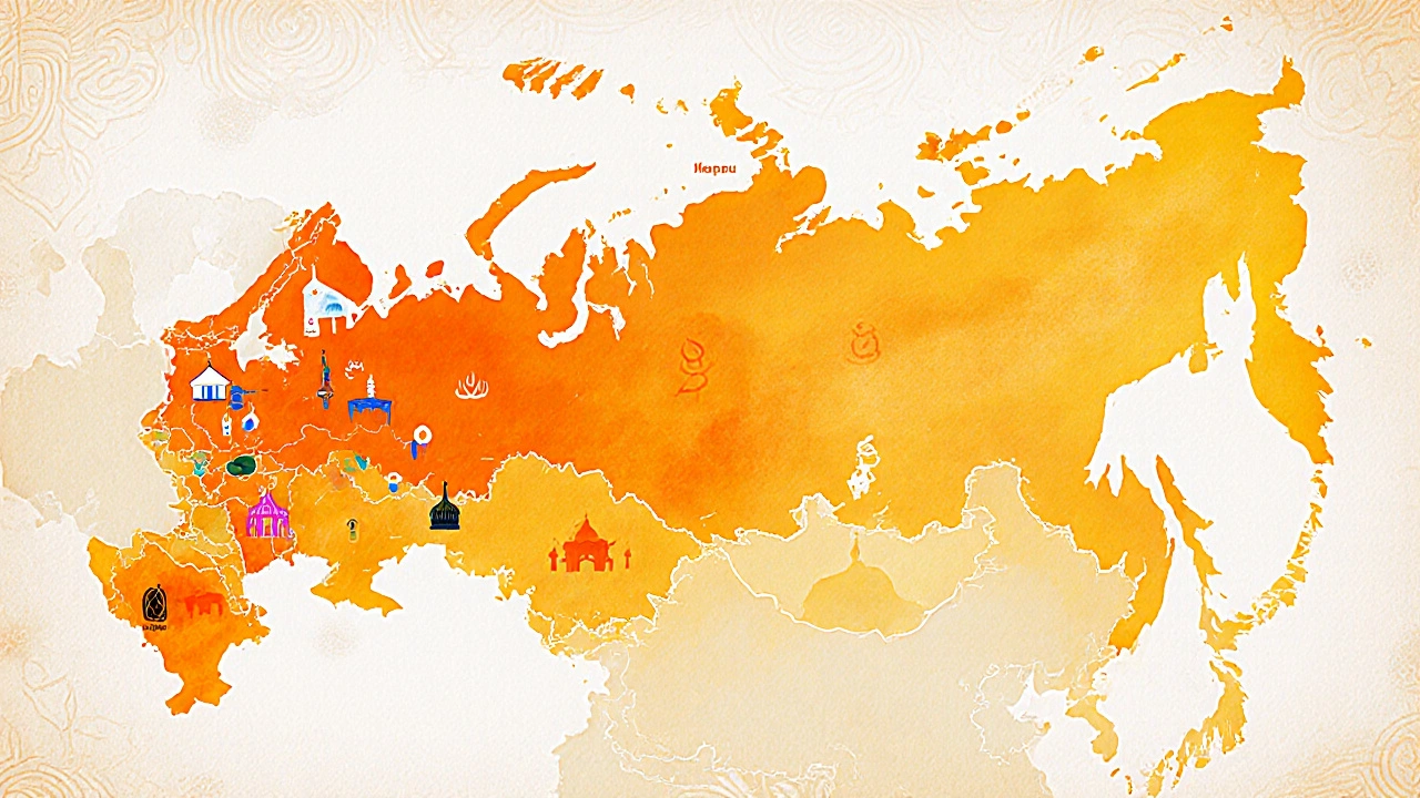 Карта России с яркими регионами, где проживает большинство мусульман, и силуэтами мечетей и семей.