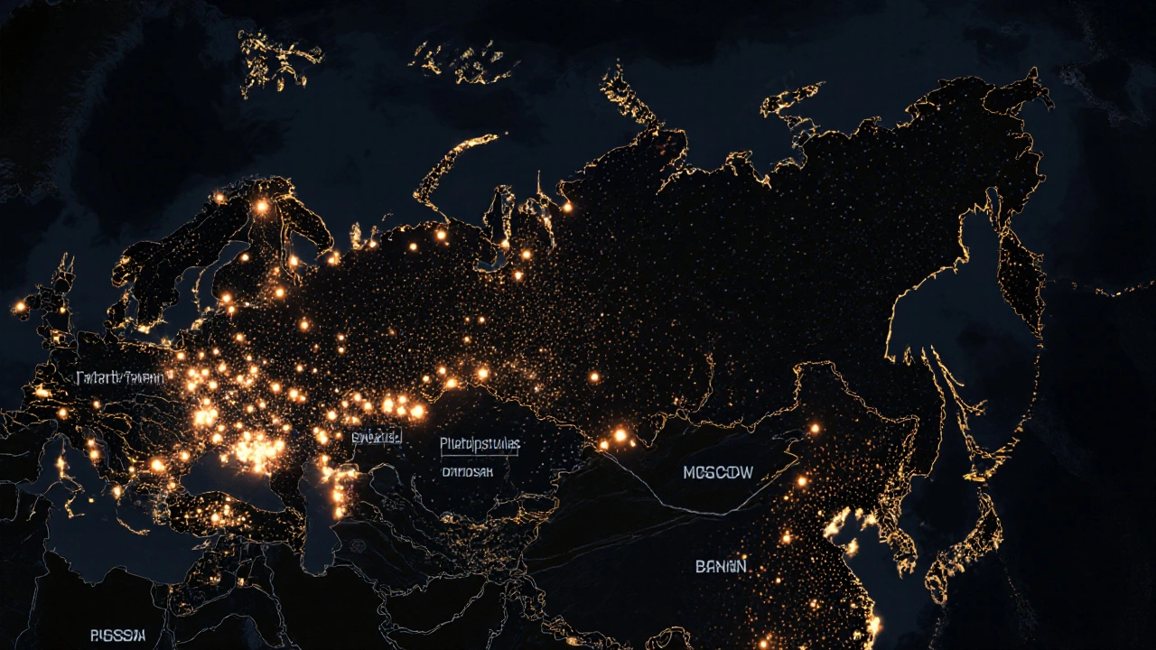 Карта России с точками, обозначающими мечети, светящимися в тёмном небе, особенно ярко на Поволжье и Кавказе.