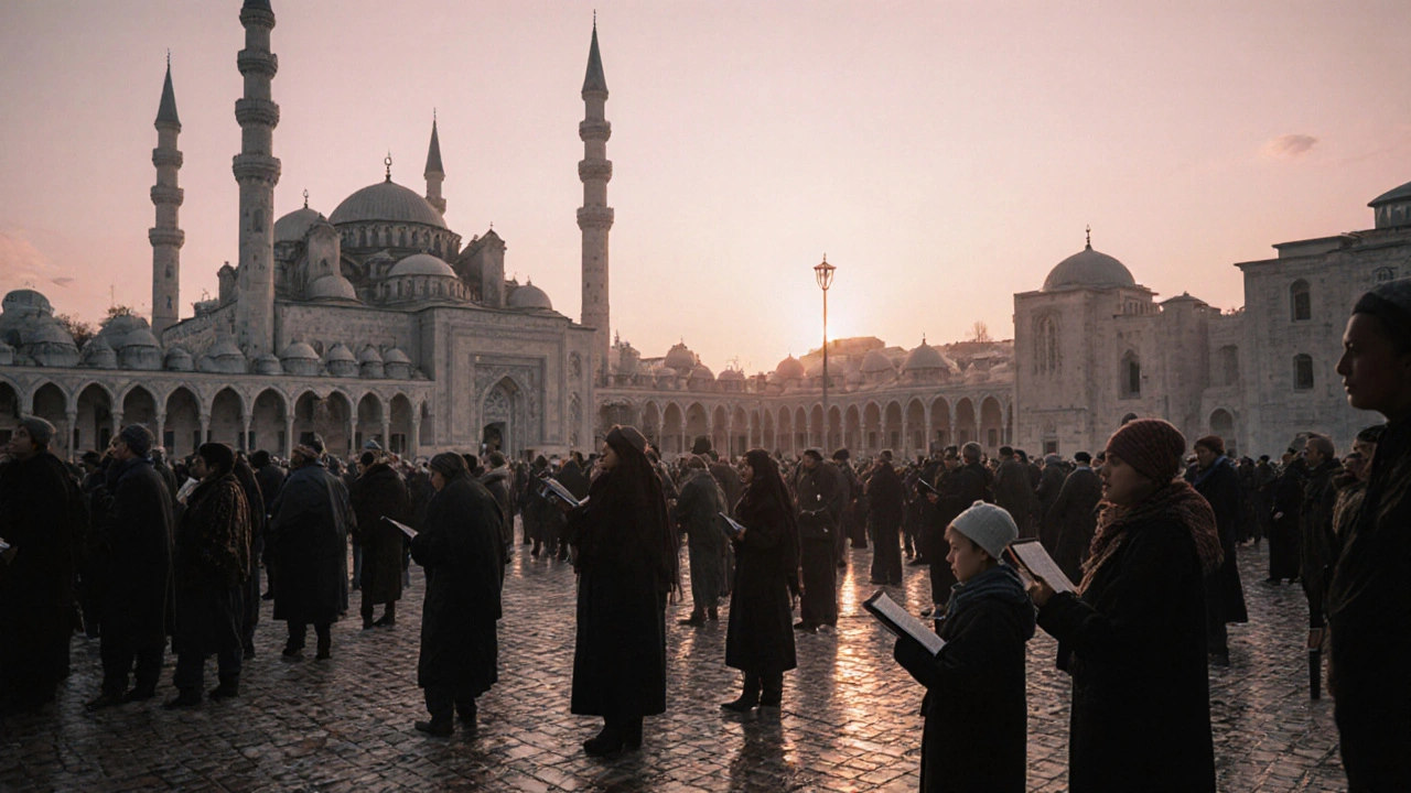 Махачкала: мечеть Нур-Аллах на рассвете, сотни молящихся во дворе.