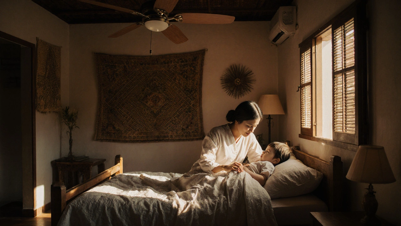 Мать в длинной ночной рубашке укладывает ребёнка в индонезийской спальне, тёплый вечерний свет.