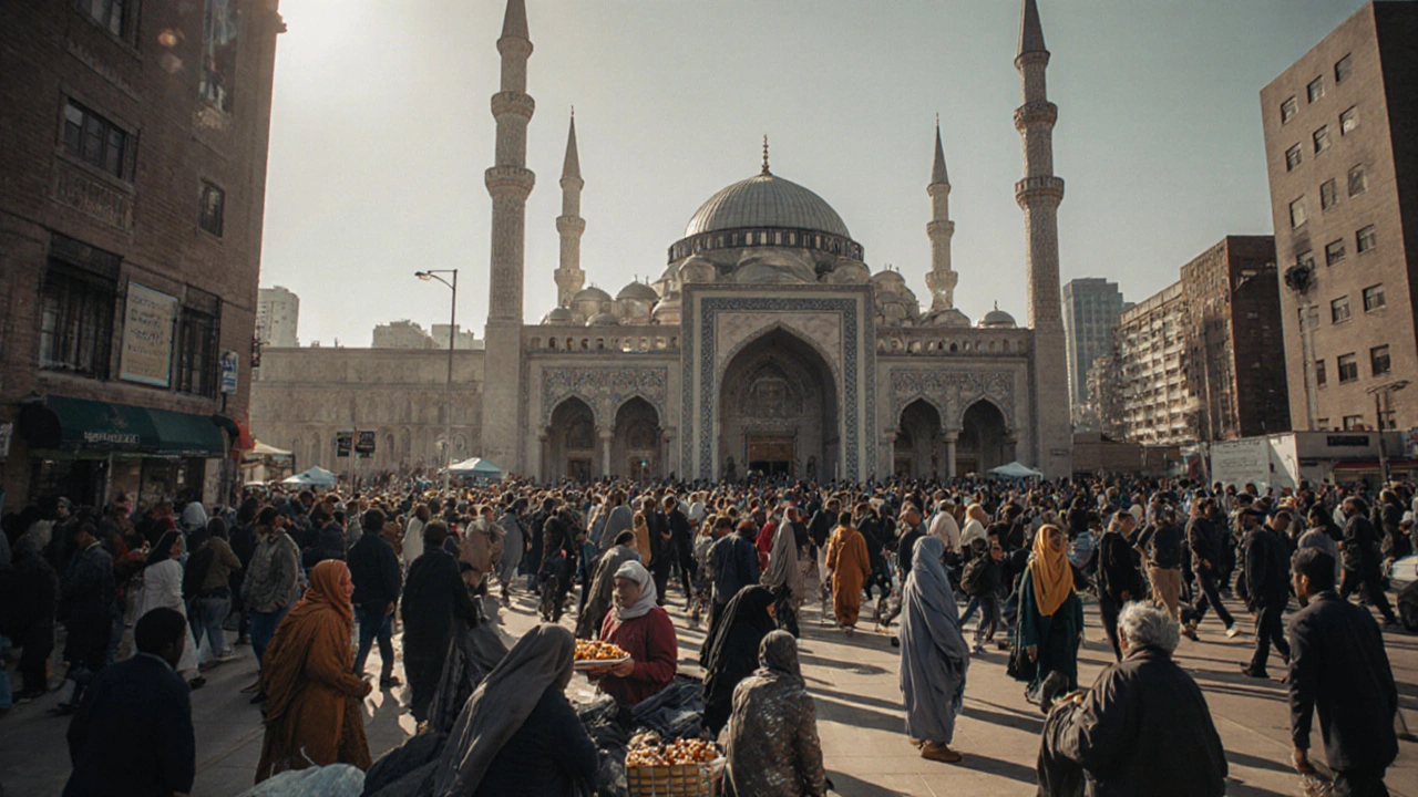 Мечеть Дар аль-Ислам в Детройте, люди входят, волонтёры раздают еду бездомным на улице.