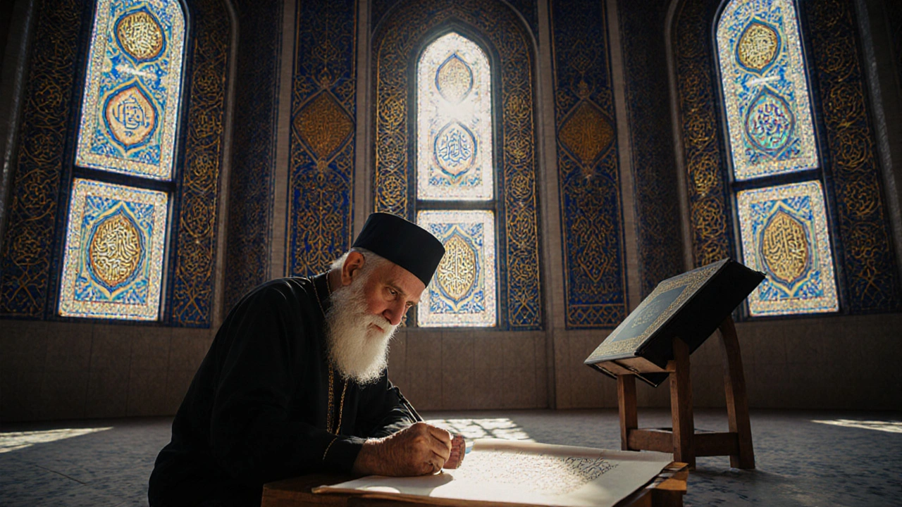 Мечеть в Казани с золотыми куфическими надписями и каллиграфом, пишущим насхом.