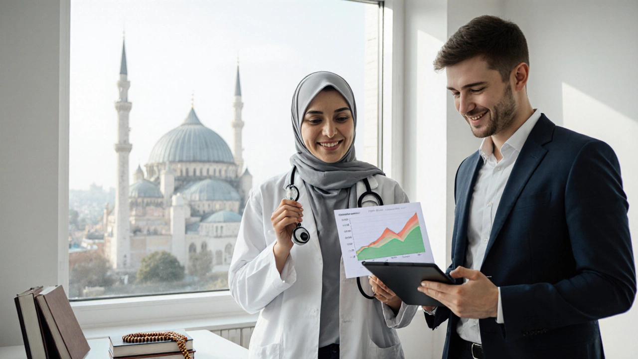 Молодая мусульманка в хиджабе и белом халате стоит рядом с молодым человеком в костюме, за ними — купол мечети.