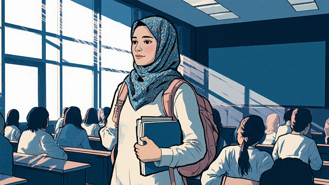 Молодая женщина в стильном хиджабе входит в аудиторию, неся книги, с уверенной осанкой.
