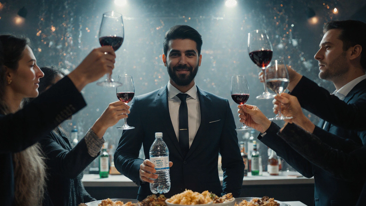 Молодой мусульманин на корпоративе держит бутылку минералки, пока другие поднимают бокалы.