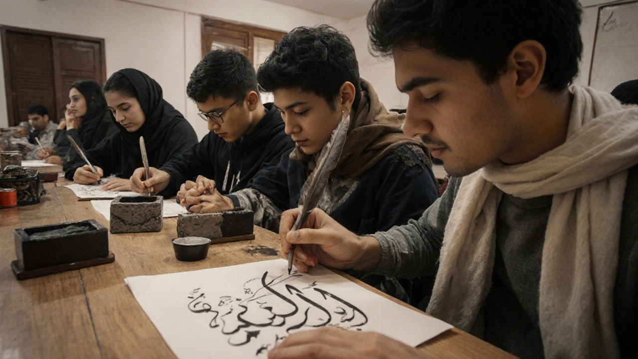 Молодые ученики учатся арабской каллиграфии в традиционной мастерской с тростниковыми перьями.