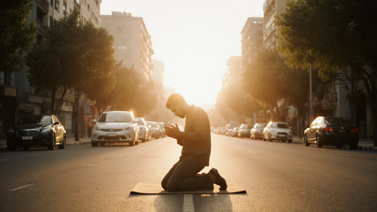 Мусульманин молится на улице на рассвете, окруженный городской жизнью, с мягким божественным светом вокруг.