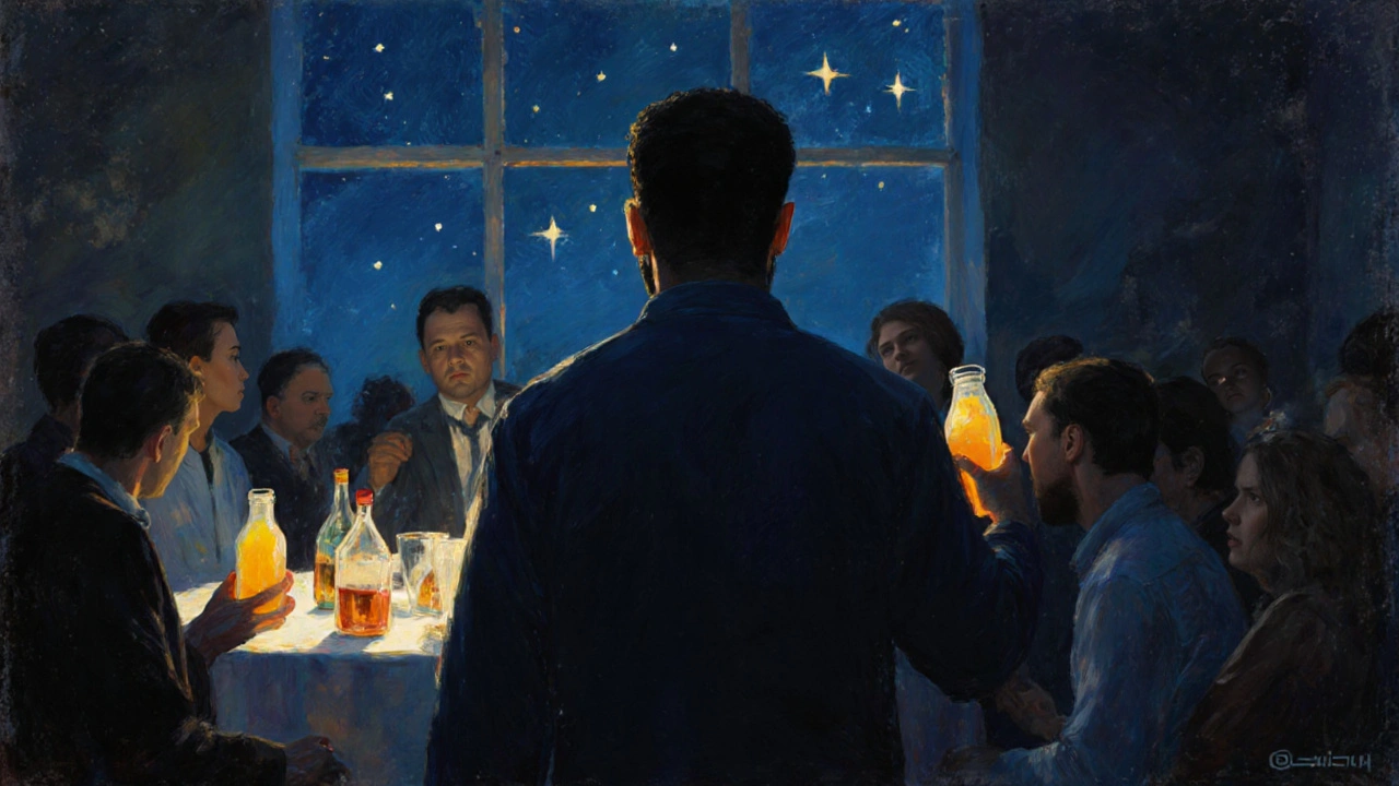 Мусульманин уходит от праздничного стола с алкоголем, держа сок, под небом с звёздами.