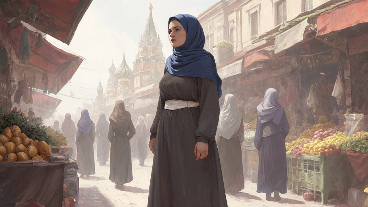 Мусульманка в длинном платье на рынке, с непрозрачным нижним бельём, не подчёркивающим фигуру, в соответствии с исламскими нормами.