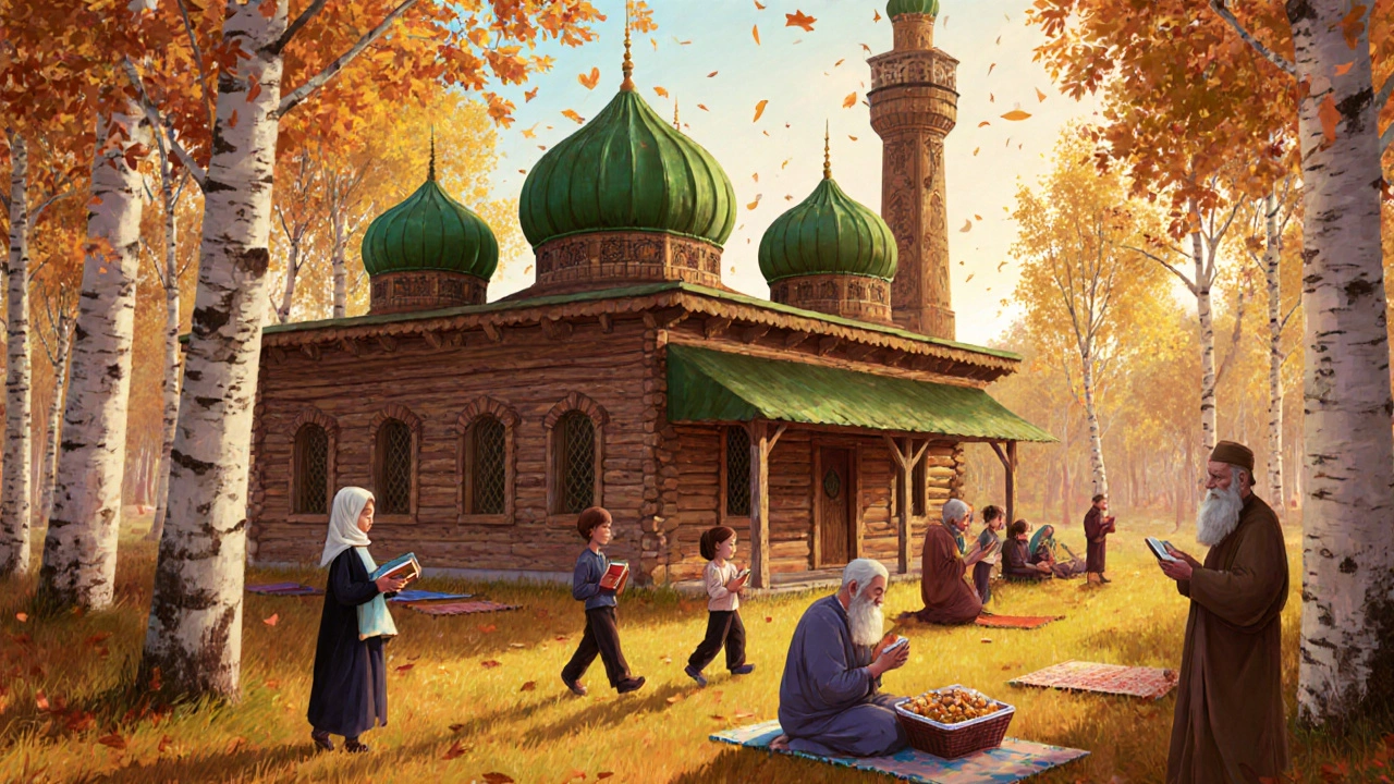 Мусульманская община в Татарстане: мечеть среди берёз, дети с книгами, женщины несут еду для ифтара.