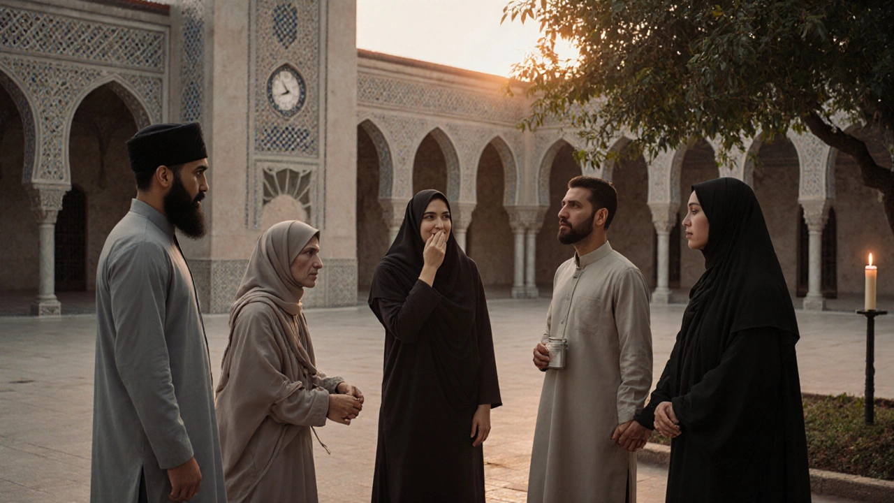 Мусульманские пары разговаривают с имамом во дворе мечети, одна женщина плачет, все в спокойных позах.