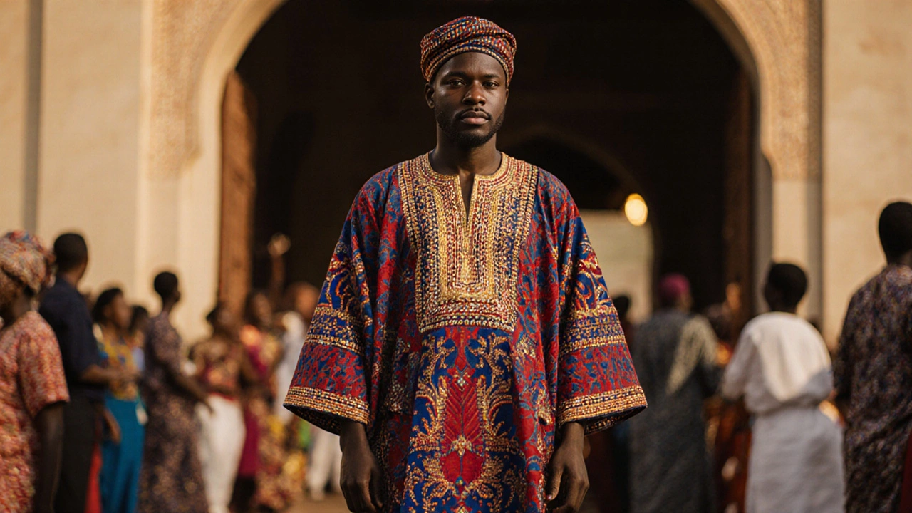 Мужчина в Африке в пышном тобе с золотой вышивкой у входа в мечеть.