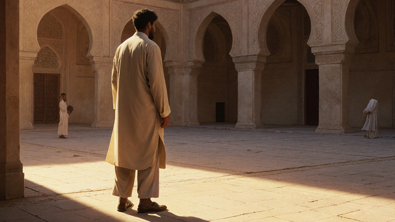 Мужчина в свободной одежде стоит в мечети, одежда закрывает тело от пупка до колен.