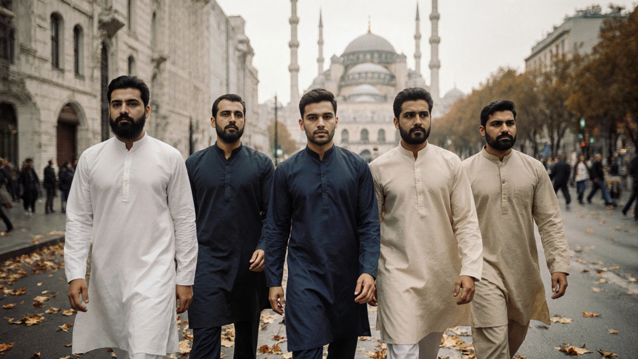 Мужчины в куртах гуляют по улице Москвы рядом с мечетью, осенью.