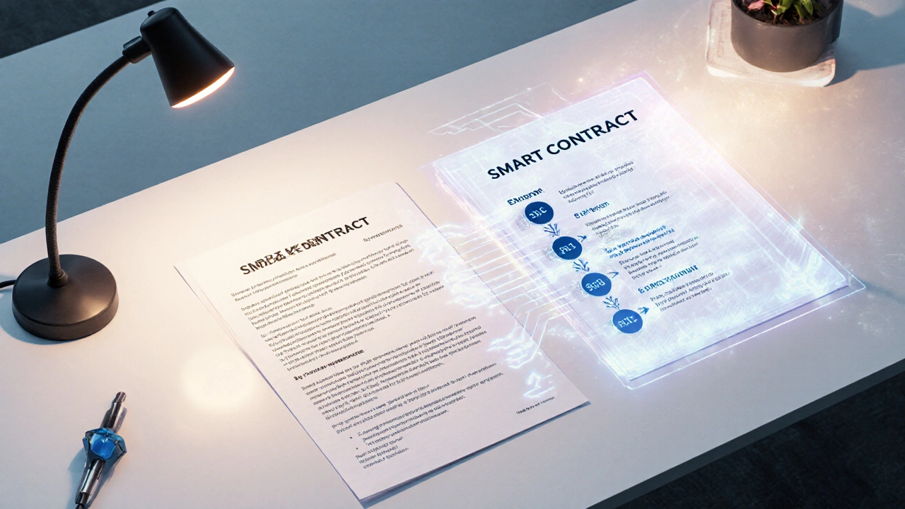 На столе рядом лежат бумажный договор и его цифровая версия со стрелками автоматических платежей.