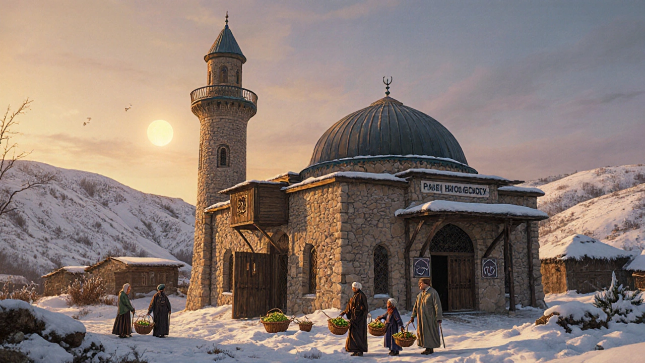 Небольшая мечеть в деревне Дагестана, окружённая снежными холмами, где жители собираются с продуктами и инструментами.