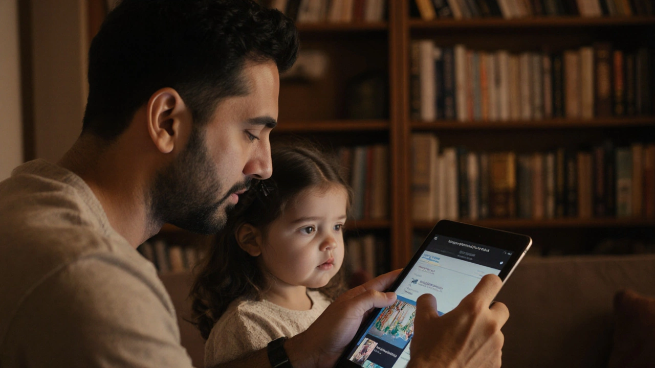 Отец устанавливает фильтр на планшет, дочь смотрит с интересом, домашняя атмосфера.