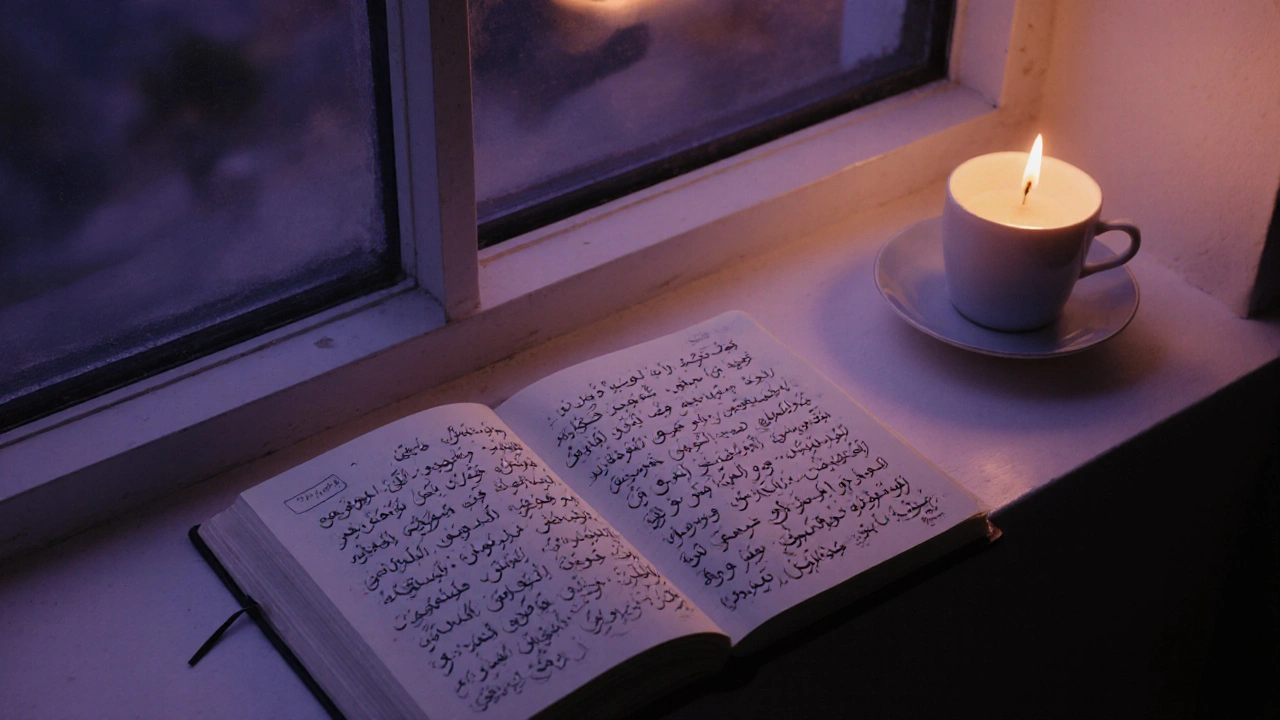 Открытый дневник с арабскими словами, написанными от руки, стоит на подоконнике при свете свечи.