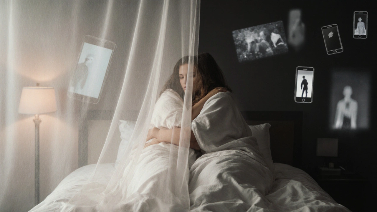 Прозрачная занавеска разделяет постель: одна сторона — нежная близость, другая — тени цифровых соблазнов.