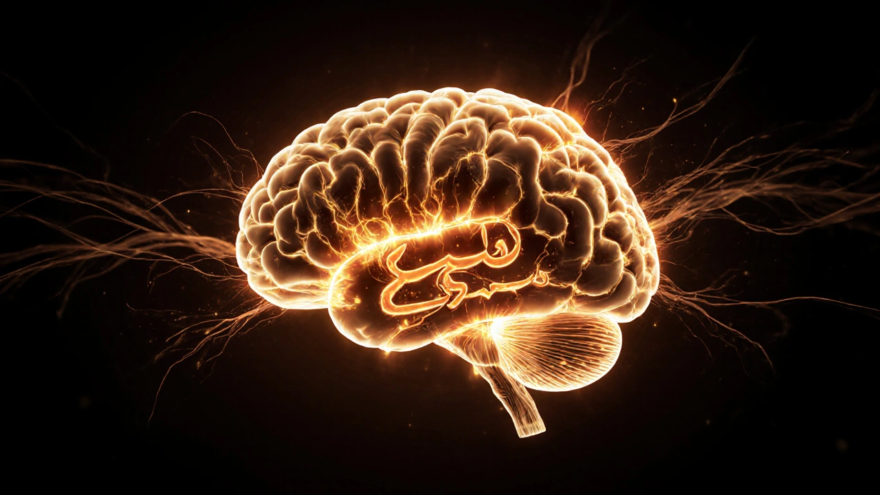 Прозрачный мозг с активными нейронными путями, через которые текут арабские буквы, подсвеченные золотым светом.