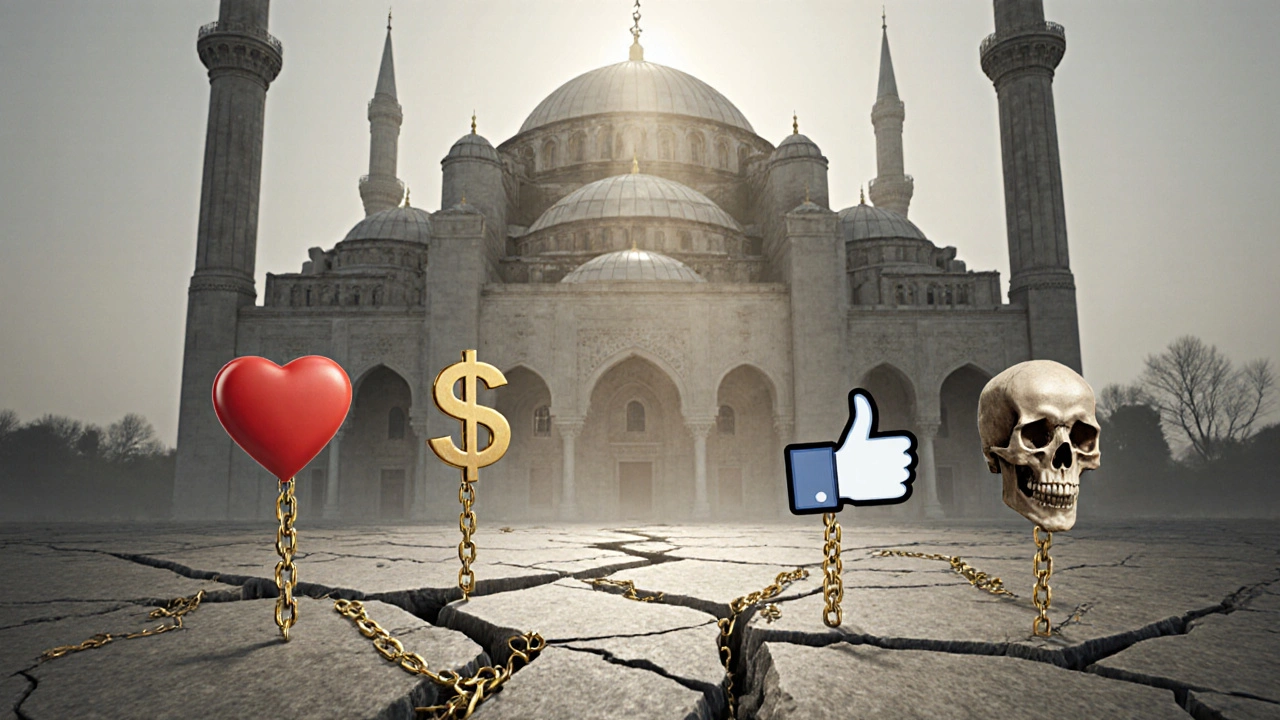 Разрушенный фундамент мечети, из трещин растут цепи с символами иллюзий.