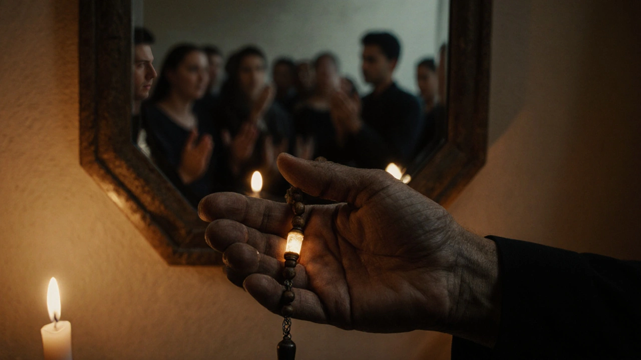 Рука держит четки, одна бусина светится, в зеркале — толпа, одобряющая.