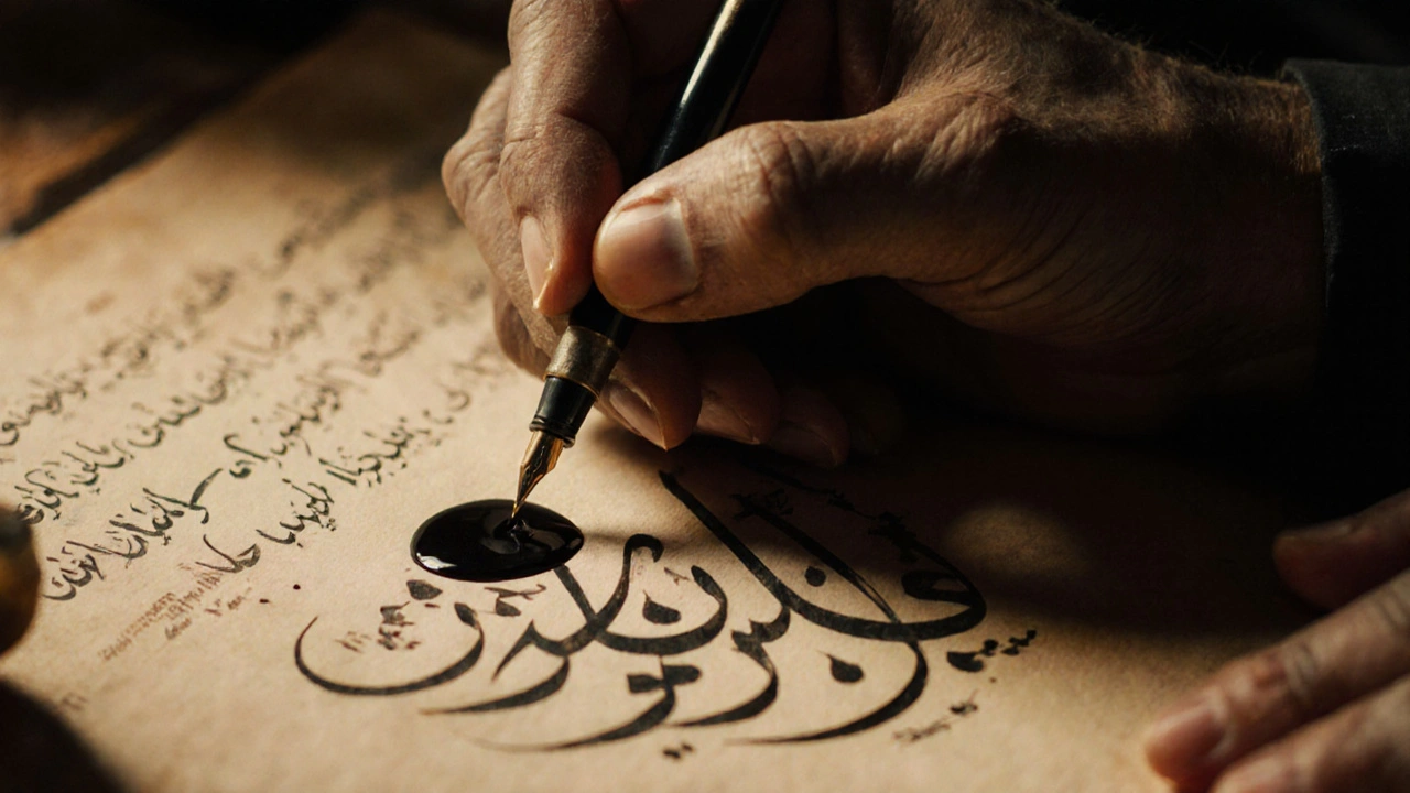 Руки пишут изящные арабские буквы чернилами, свет падает сбоку, создавая глубокие тени.