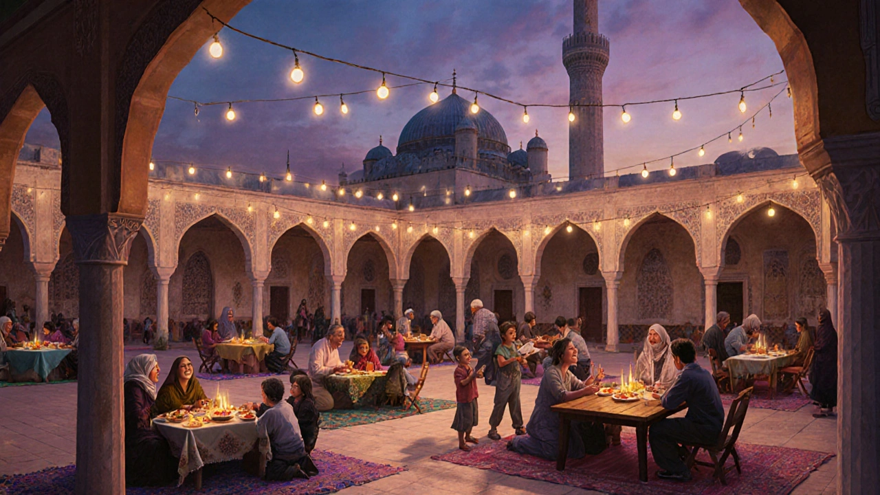 Семьи едят ифтар во дворе мечети вечером, дети играют, старшие рассказывают истории.