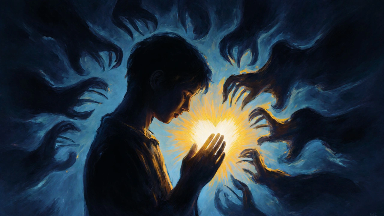 Силуэт молящегося, окруженного тенями сомнений, но пронизанный золотым светом веры.