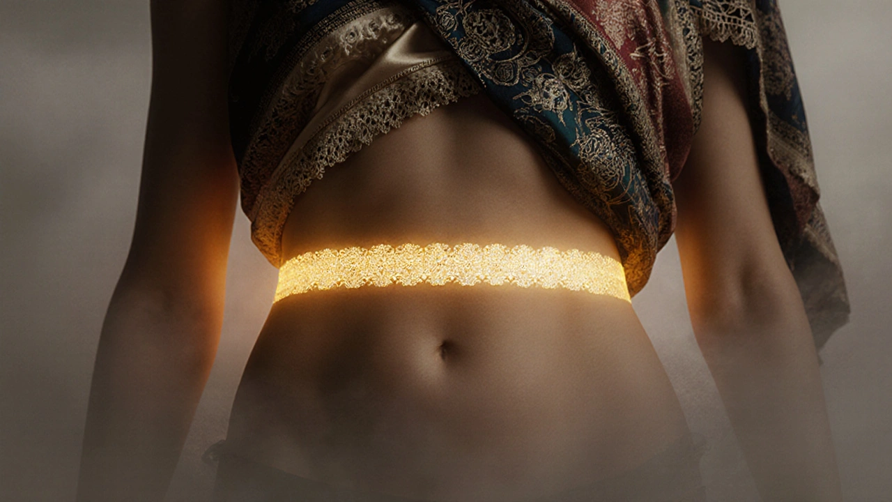 Силуэт туловища с золотой линией на пупке, выше — ткани, ниже — туман.