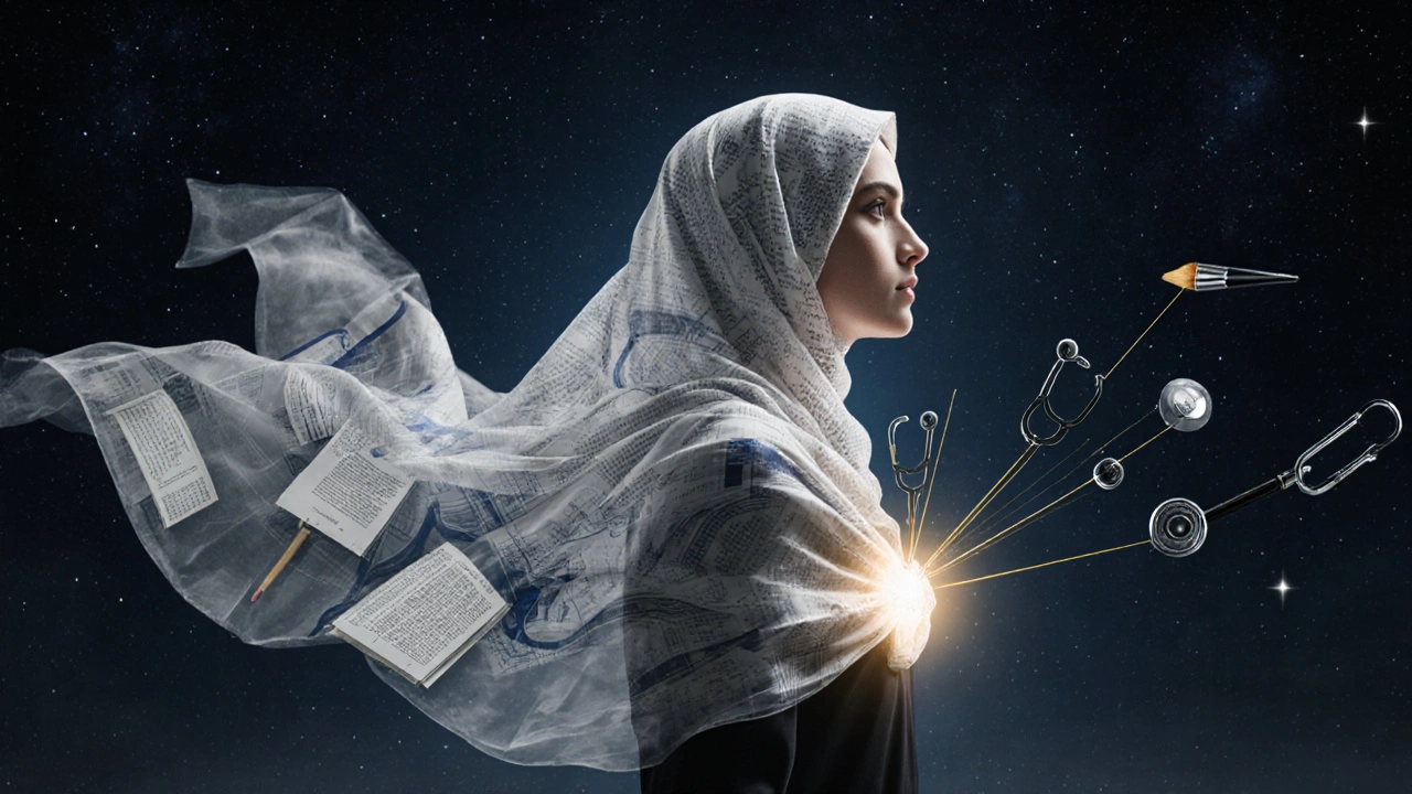 Силуэт женщины в хиджабе, сотканном из символов её профессий и интересов, в звёздном пространстве.