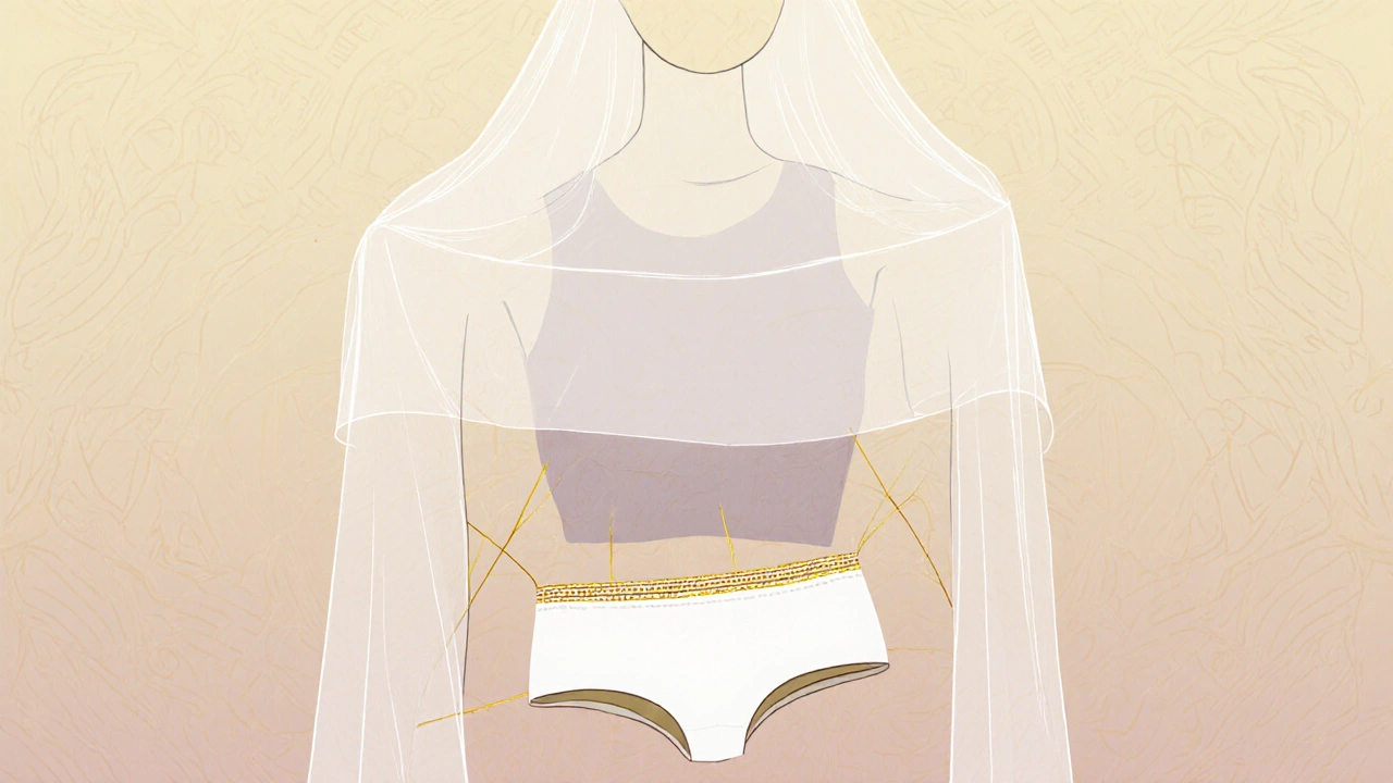 Символическое изображение трёх слоёв одежды — завесы, внешней одежды и простого нижнего белья — как метафора чистоты и скромности в исламе.