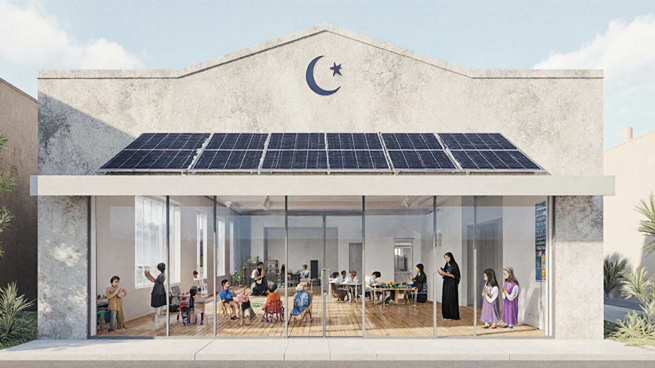 Современная мечеть в Калифорнии в переоборудованном здании: дети, студенты и молящиеся внутри под солнечными панелями.
