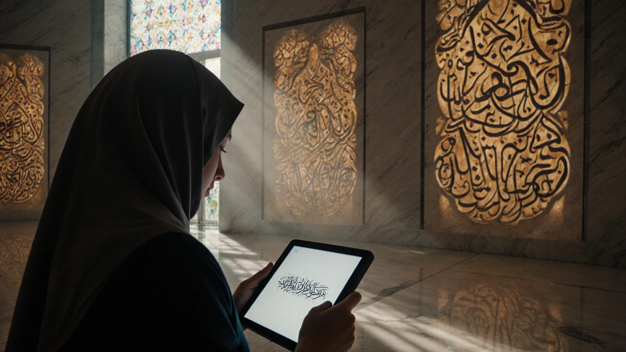 Современная мечеть в Москве с надписями насх на стенах и человеком с планшетом.