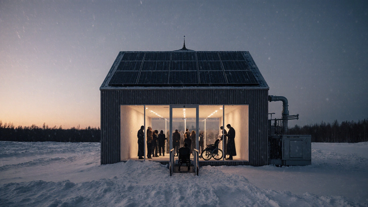 Современная мечеть в Сибири с солнечными панелями и системой сбора дождевой воды, освещённая закатным светом.