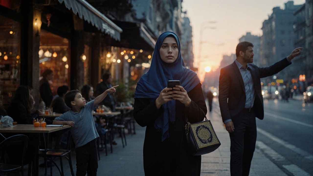 Современная улица: женщина с хиджабом идёт, держа смартфон, рядом — ребёнок смотрит на закат.