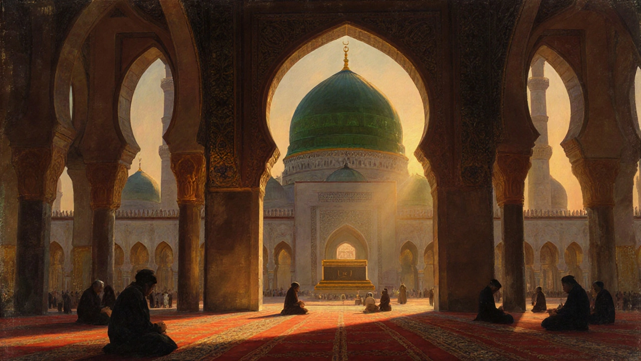 Спокойная мечеть Пророка в Медине с зелёным куполом и молящимися в тишине сумерек.