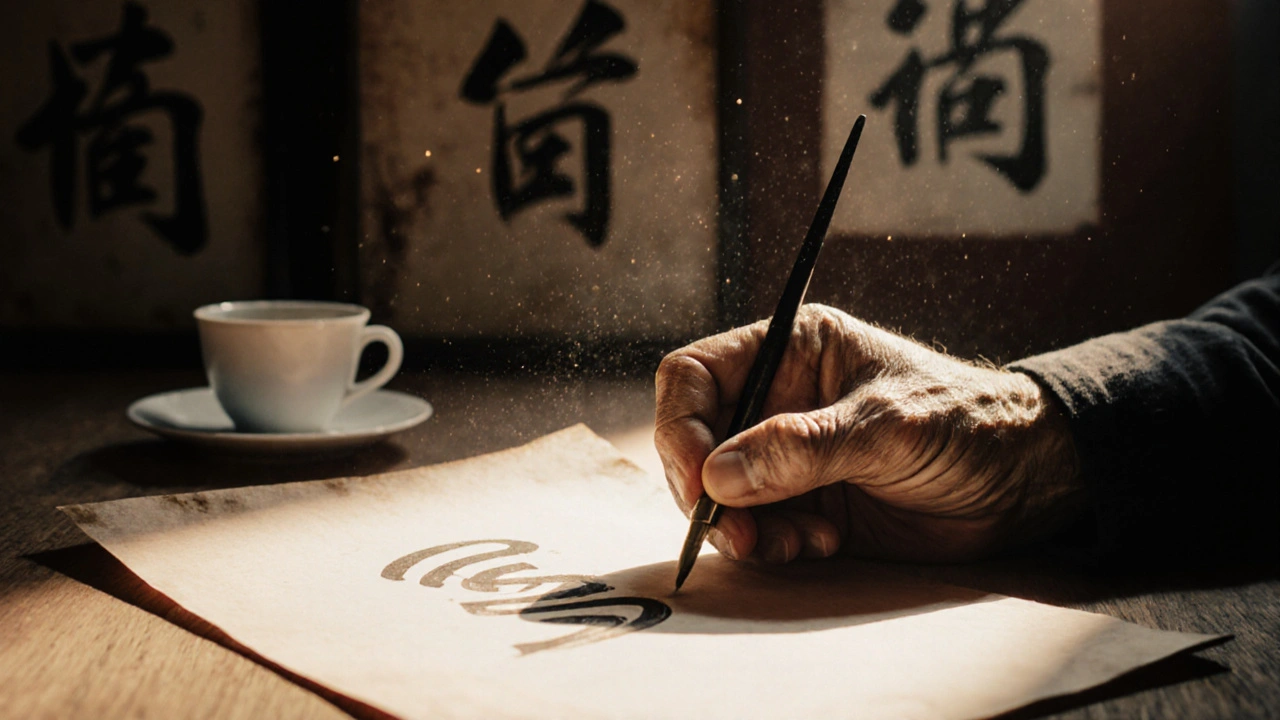 Старая рука завершает написание слова &#039;мир&#039; на бумаге, за окном — закат, на стене — следы многолетней практики.