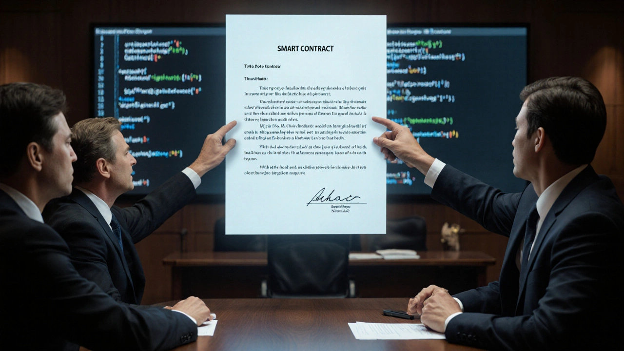 Судья рассматривает голографический смарт-контракт в зале суда, рядом с традиционным бумажным договором.