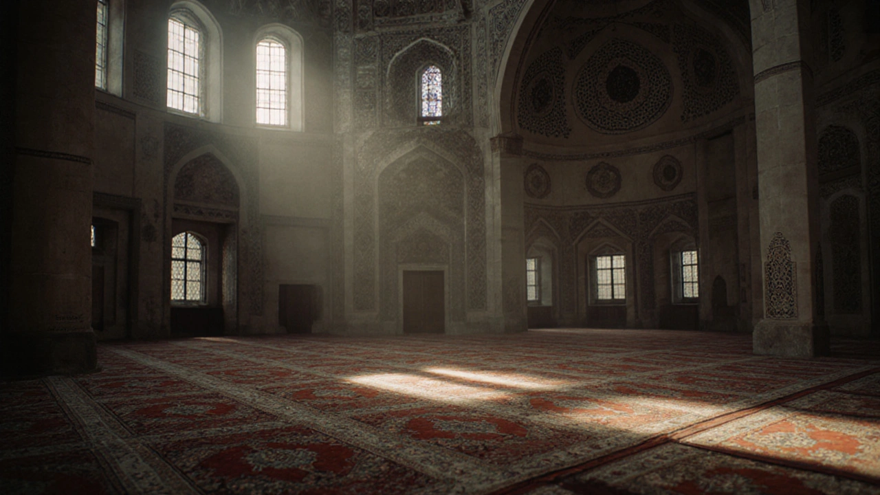 Тихий внутренний вид мечети с пустыми ковриками для молитвы и михрабом, подчеркивающий простоту веры.