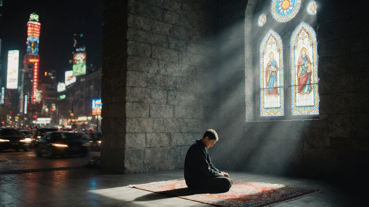 Тишина внутри мечети — один человек в спокойствии, за окном — суета города.