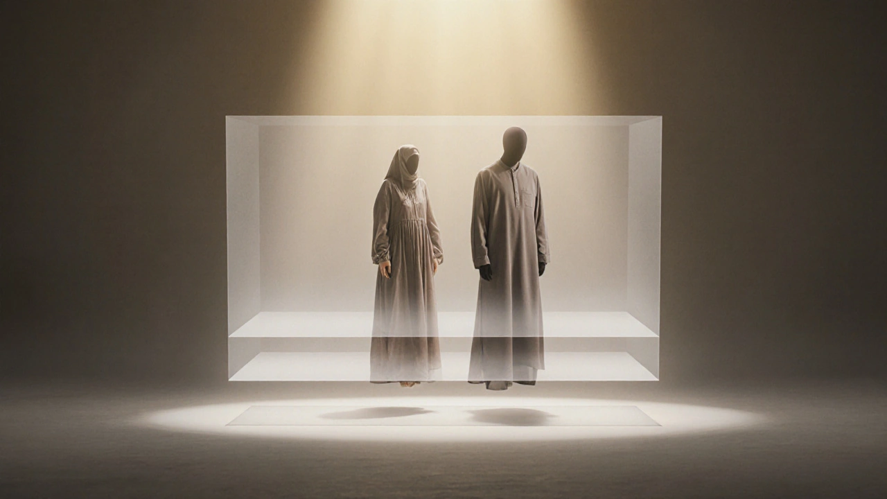 Три вида одежды: повседневная, абайя и намазник — только намазник выделен светом.