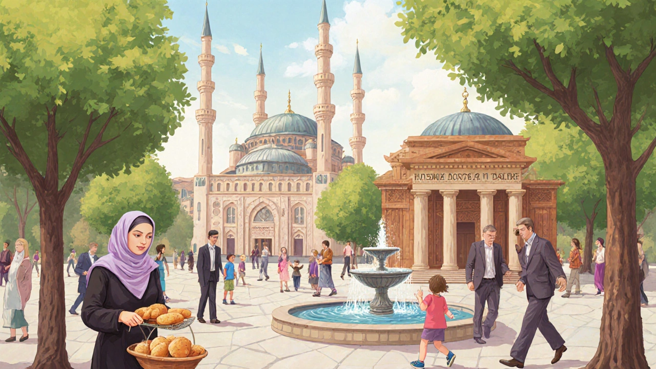 Уфа: мечеть Аль-Марджани в парке, люди разных национальностей в повседневной жизни.