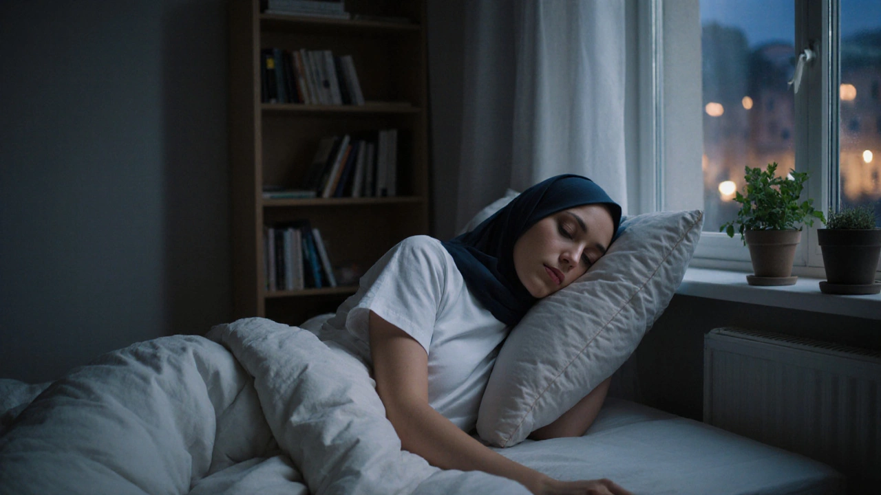 Женщина спит в пижаме с короткими рукавами в берлинской комнате, спокойно и комфортно.