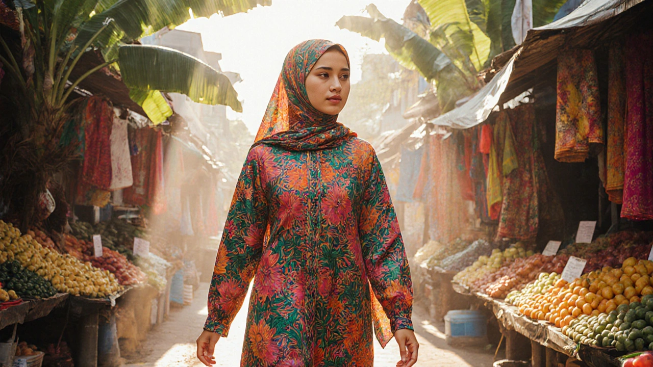 Женщина в ярком индонезийском платье с цветочным узором, идущая по рынку.