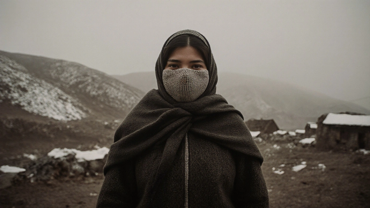 Женщина в парандже в деревне Центральной Азии, тяжелая шерстяная одежда, закрывающая лицо.
